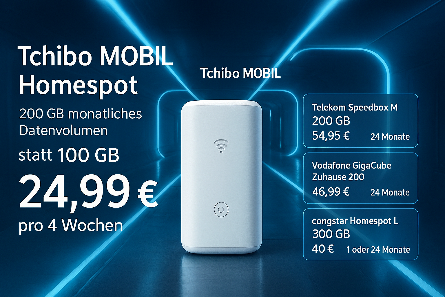 Der Tchibo MOBIL Homespot Tarif mit 200 GB Datenvolumen im Vergleich zu anderen Homespot Tarifen in Deutschland. Alle Details zu Preis, Leistung und Flexibilitt.