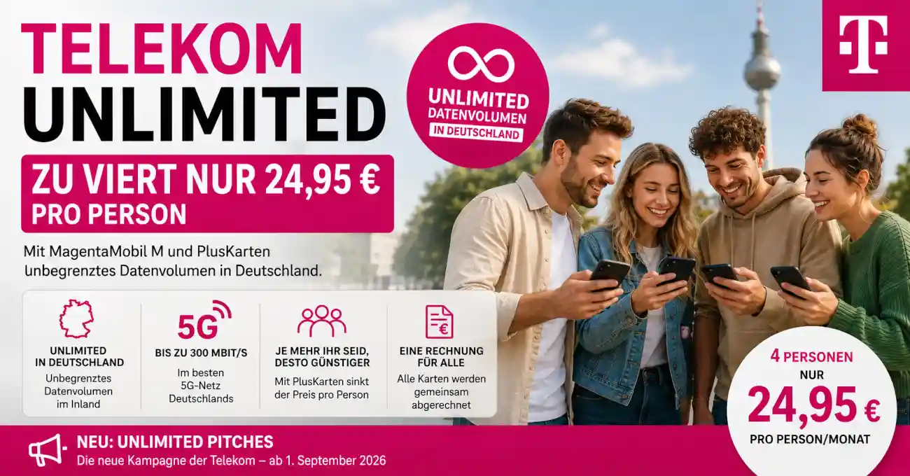 Telekom Unlimited: Mit MagentaMobil M und PlusKarten sinkt der Preis bei vier Personen auf durchschnittlich 24,95 Euro. Das sind die Bedingungen