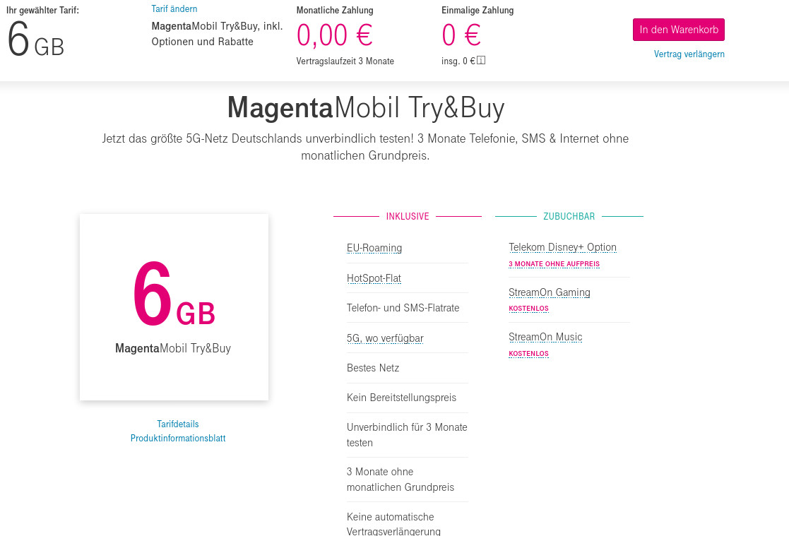 Gratis Telekom Tarif: 6 GB MagentaMobil Try&Buy Tarif kostenlos fr 3 Monate