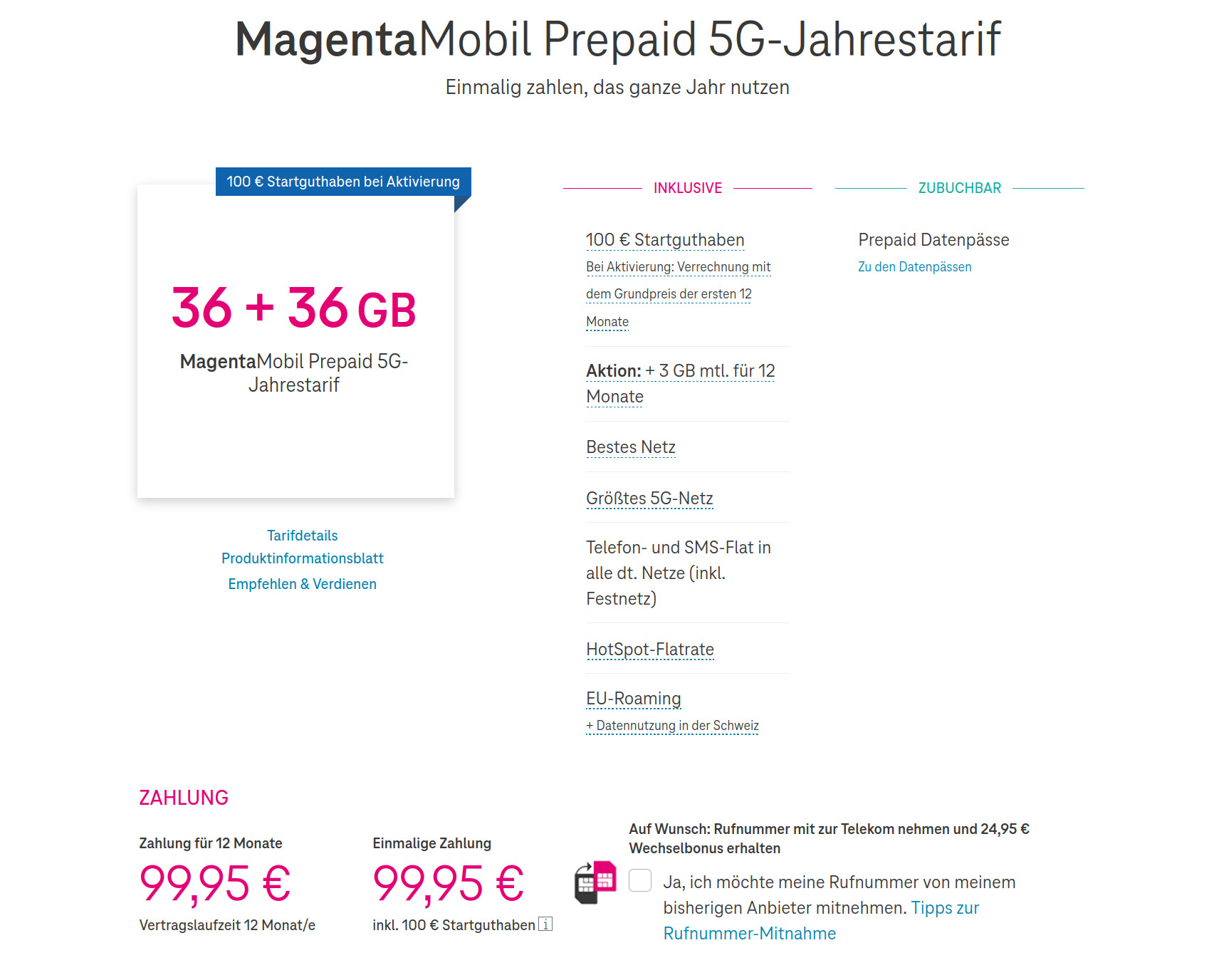 Telekom MagentaMobil Prepaid 5G-Jahrestarif: Doppeltes Datenvolumen --36 GB gratis bei 99,95 Euro im Jahr