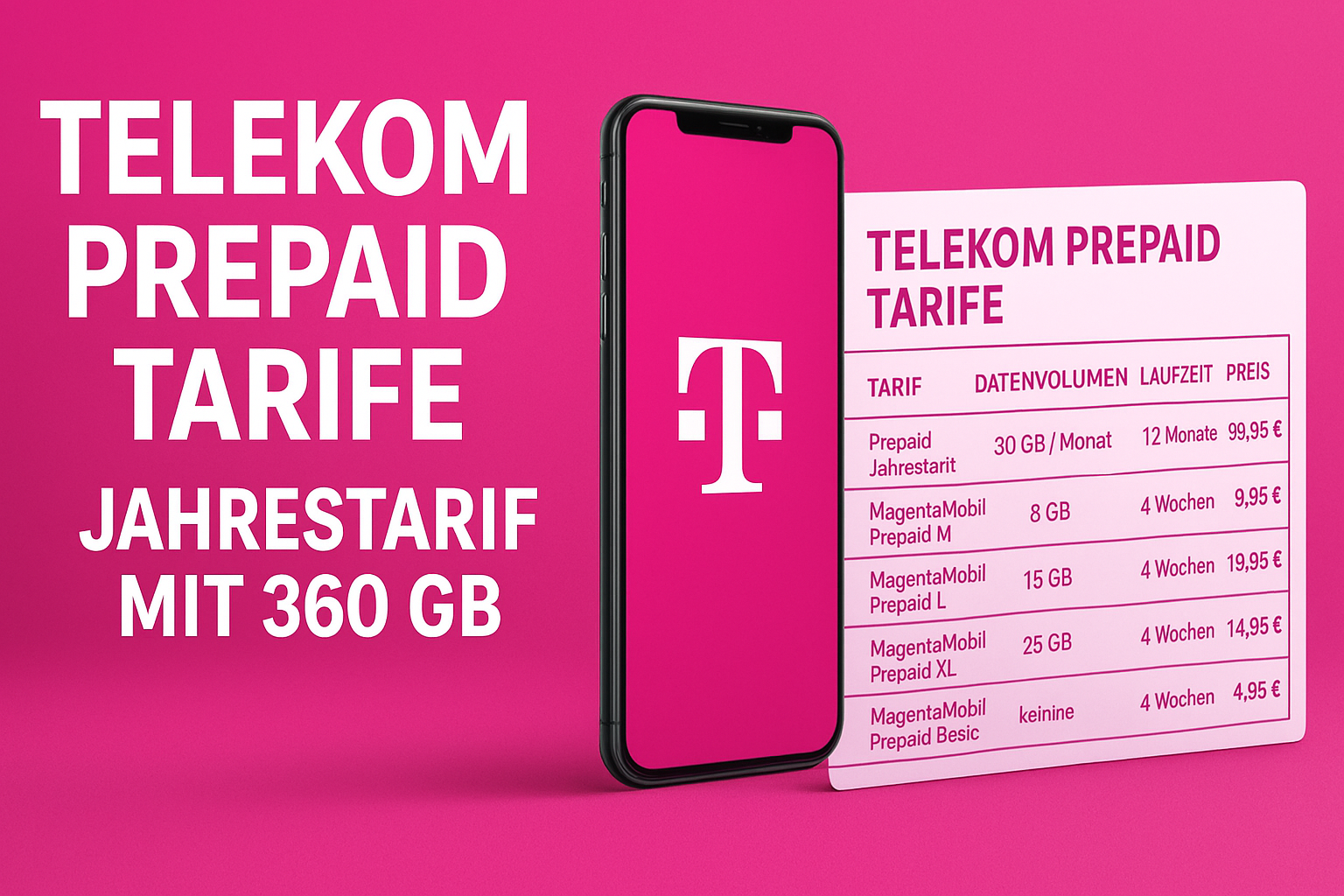 Telekom Prepaid Tarife im �berblick: Der MagentaMobil Prepaid Jahrestarif mit 360 GB, alle weiteren Telekom Prepaid Angebote und ein Vergleich mit Vodafone, O2 und Discountern.