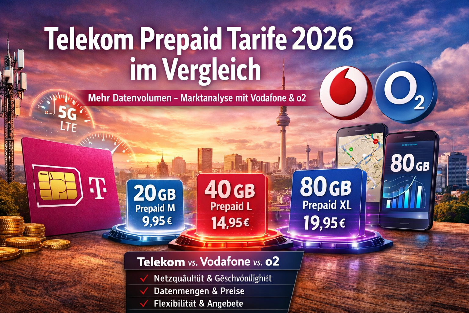 Ausf�hrlicher �berblick �ber die neuen Telekom Prepaid Tarife 2026 mit mehr Datenvolumen. Vergleich mit Vodafone und o2 sowie Analyse zu Netzqualit�t, Preisen und Leistungen.