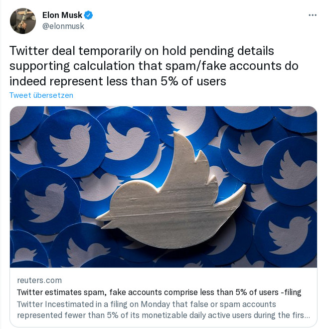 Twitter Übernahme: Tesla-Chef Elon Musk setzt Twitter Deal wegen zuvielen Fake Konten aus