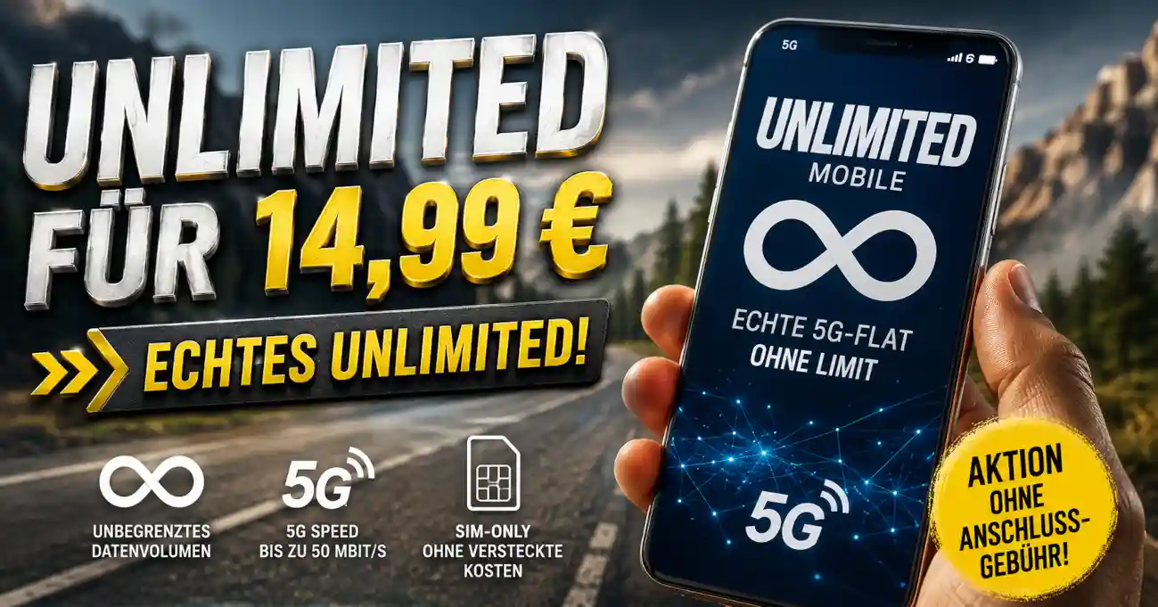 Unlimited Mobile bietet unbegrenztes 5G ab 14,99 Euro. Der Check kl�rt Kosten, 50 Mbit/s, Flex-Tarif, Laufzeit, Netz und m�gliche Grenzen.