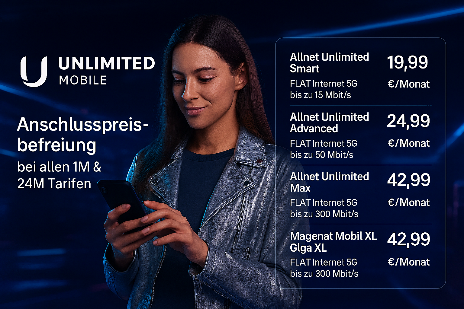 Unlimited Mobile bietet neue 5G-Tarife mit Anschlusspreisbefreiung bei 24-Monatsvertrgen. Alle Details zu Preisen, Netzen und Vorteilen im berblick