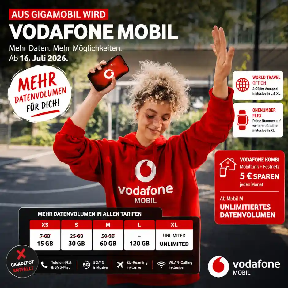 Vodafone ersetzt GigaMobil durch Vodafone Mobil. Kunden bekommen mehr Datenvolumen, verlieren aber das GigaDepot. Alle �nderungen im �berblick