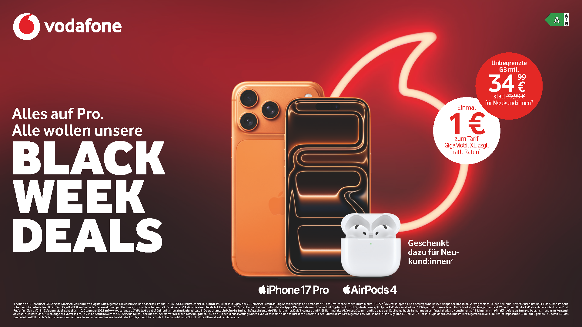 Vodafone Black Weeks 2025, Vodafone Angebote, GigaMobil XL, Unlimited Datenvolumen, iPhone Angebote, AirPods gratis, CallYa Prepaid, GigaCable Max Cashback.