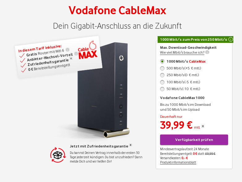 Vodafone GigaCable Max: Ab sofortGigaCabel Max für nur 39,90 Euro