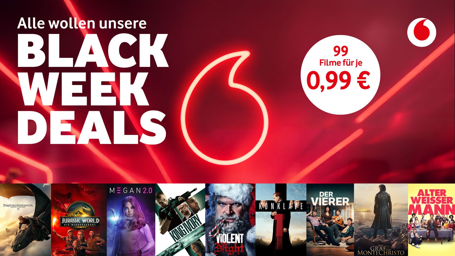 Vodafone GigaTV bietet whrend der Black Week 2025 ein exklusives Filmangebot: 99 Filme fr je 0,99 €. Alle Details zu Highlights, Genres und Vorteilen fr Kunden., CallYa Prepaid, GigaCable Max Cashback.