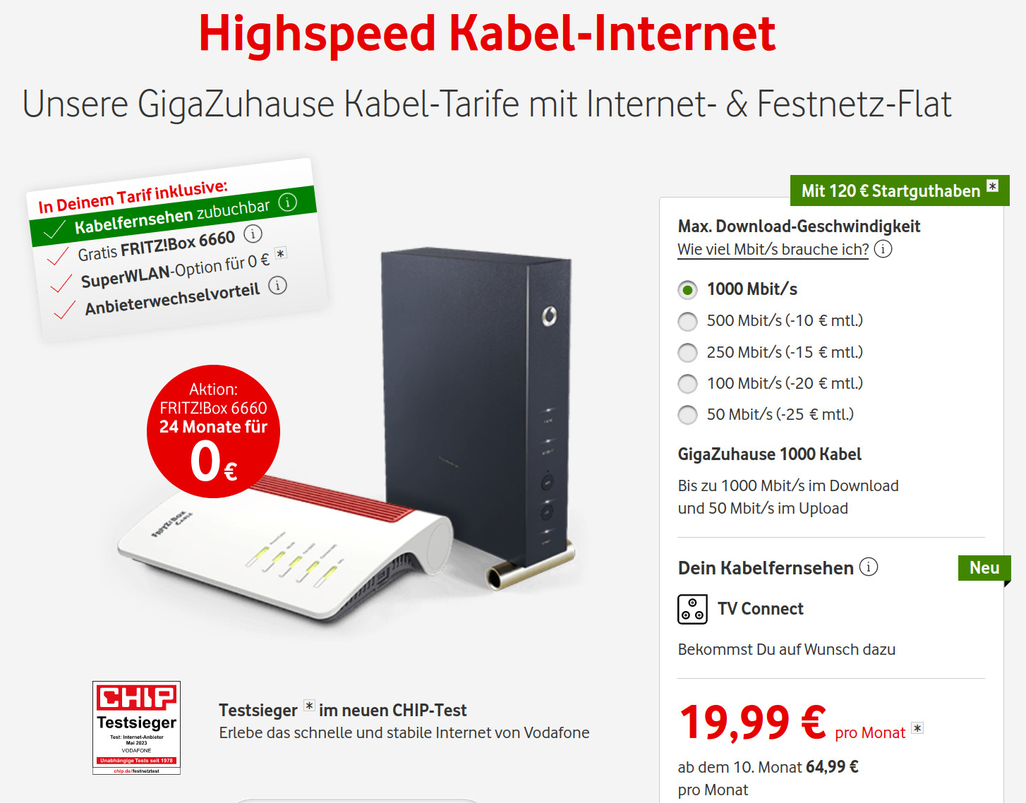 Vodafone CableMax Tarife: CabelMax mit Gigabit Speed ab 19,99 Euro