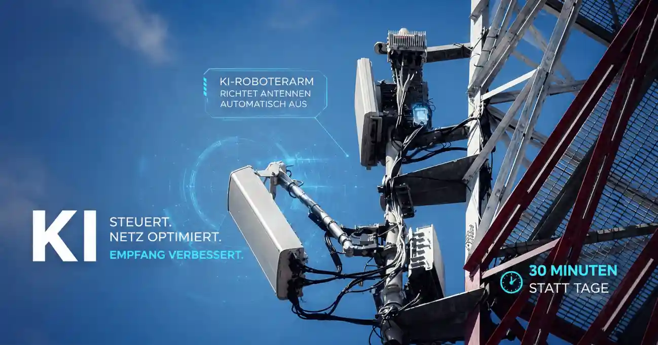 Vodafone testet einen KI-Mobilfunkmast mit Roboterarm. Antennen sollen sich bei Wetter und Last automatisch neu ausrichten.