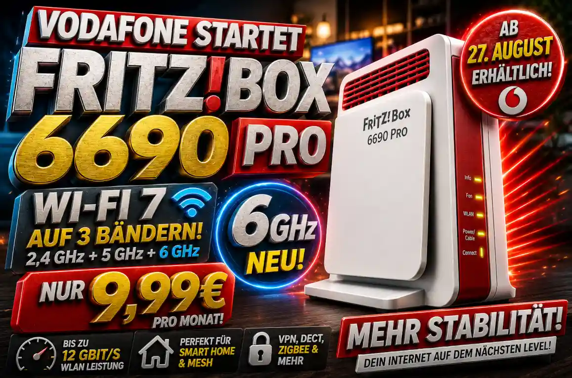 Vodafone startet die FRITZ!Box 6690 Pro am 27. August. Der Wi-Fi-7-Kabelrouter kostet 9,99 Euro im Monat und funkt auch auf 6 GHz