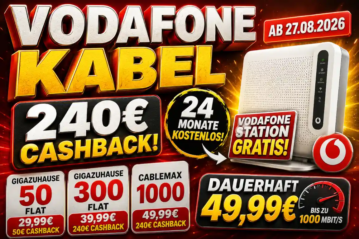 Vodafone verl�ngert Kabel-Aktionen: bis zu 240 Euro Cashback, 24 Monate Gratis-Router und CableMax 1000 f�r dauerhaft 49,99 Euro