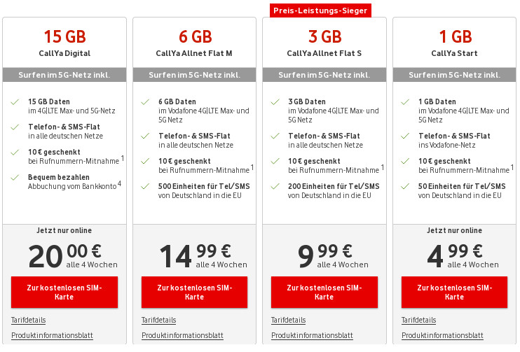 Vodafone Prepaid Tarife: CallYa Tarife mit mehr Datenvolumen und Zugang zum 5G-Netz
