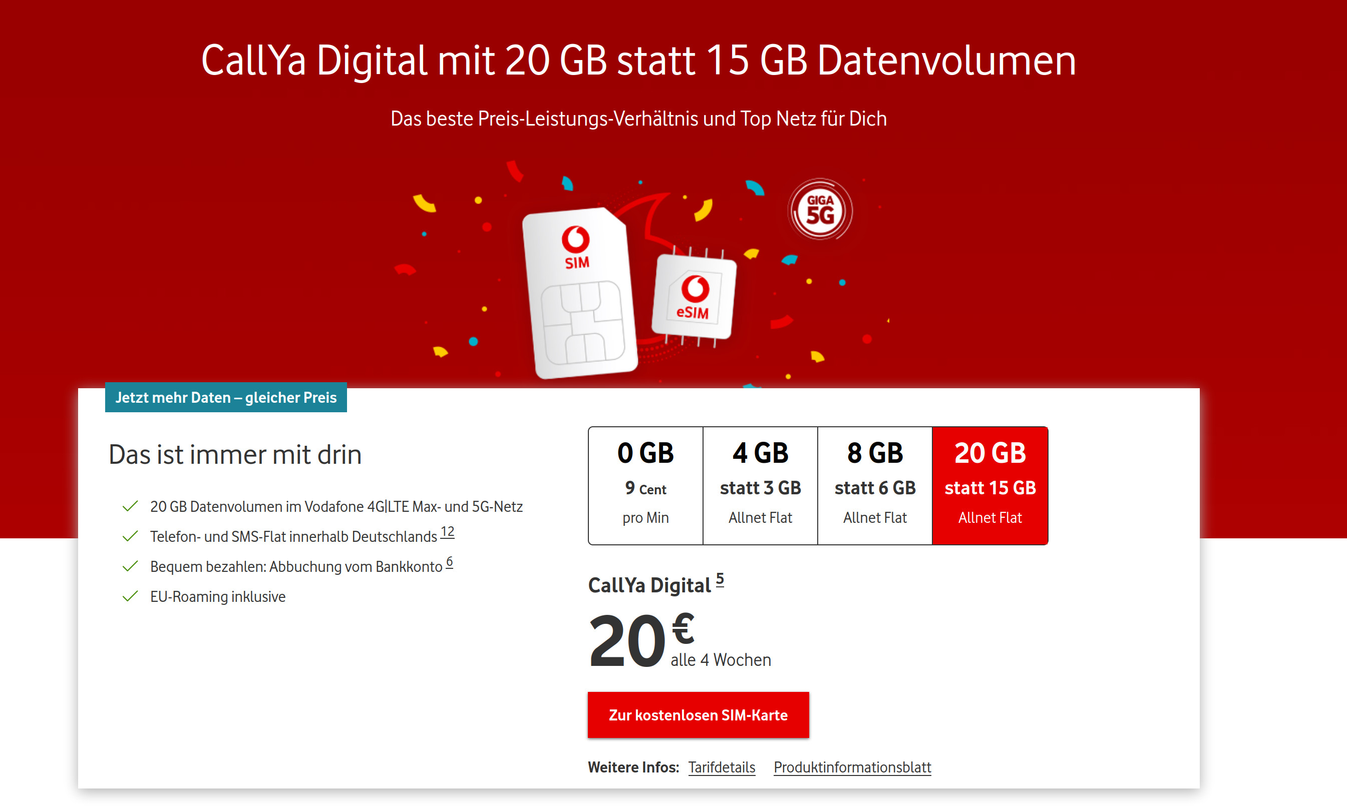 Vodafone Callya Prepaid Tarife: 3 Freimonate durch 60 Euro Gutschein bei 20 GB Allnet-Flat CallYa Digital