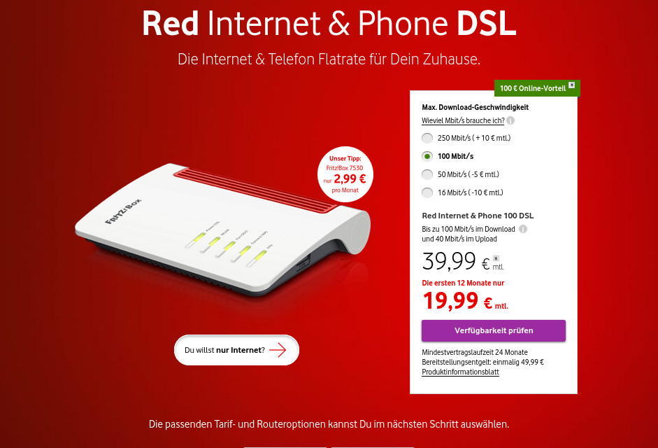 Vodafones VDSL Tarife ab 14,99 Euro und bis zu 100 Euro Startguthaben