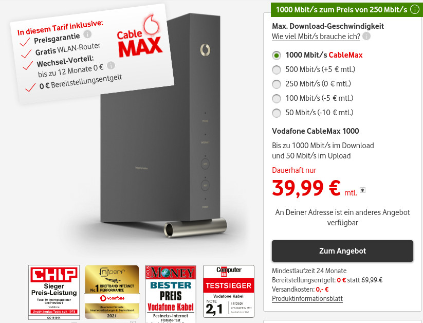 Vodafone GigaCable Max fr 39,99 Euro --Gigabit Speed in 21 Millionen Haushalten