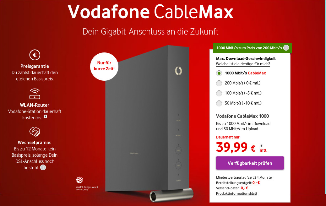 Nur noch heute: Vodafone GigaCable Max fr 39,99 Euro --Gigabit Speed in 21 Millionen Haushalten