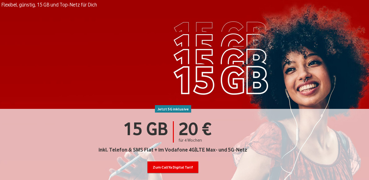 Vodafone Prepaid Tarife: Nun 5G-Netz beim 15 GB Allnet-Flat CallYa Digital für 20 Euro