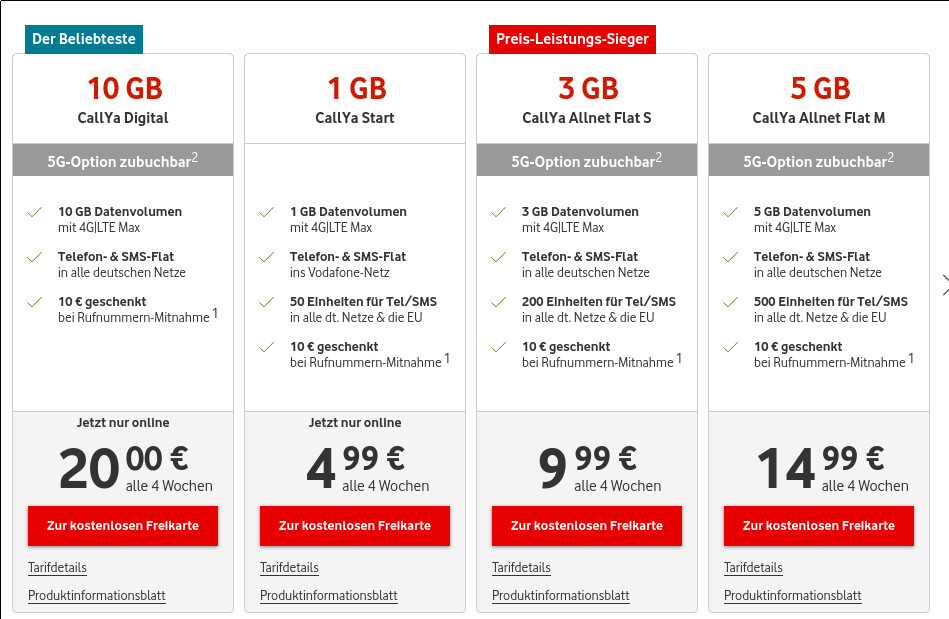 Vodafone Prepaid Tarife: Drei Freimonate durch 60 Euro Bonus bei CallYa Digital