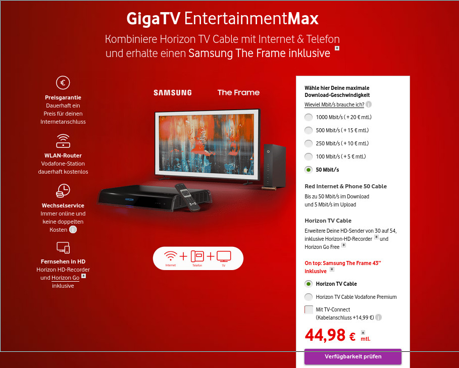Vodafone Gigabit Kabelanschluss: Ohne Anschlusspreis und damit 69,99 Euro sparen plus Samsung QLED TV