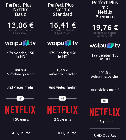 WaipuTV IPTV: Aktion mit 33 Prozent Rabatt --WaipuTV mit Netflix für mtl. 13,06 Euro und mtl. Laufzeit
