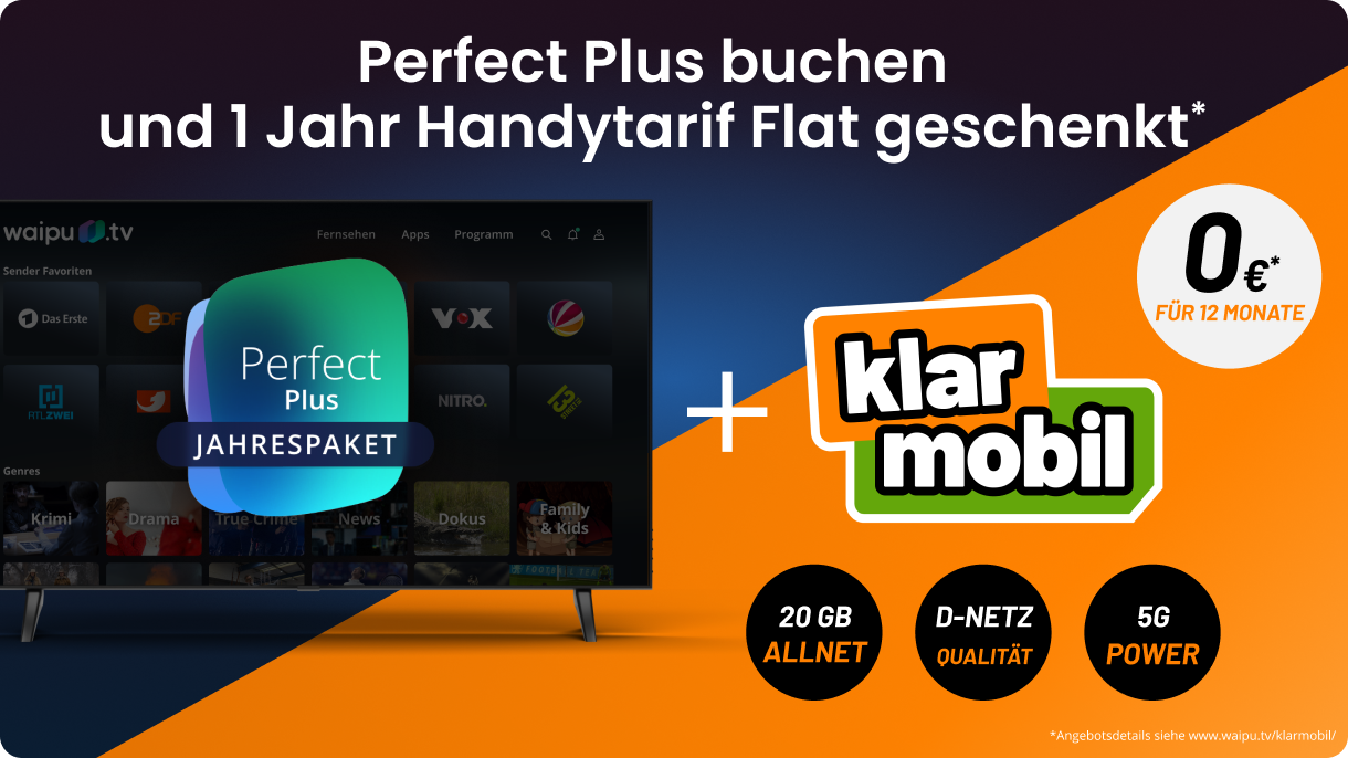 waipu.tv Perfect Plus mit kostenloser 20GB klarmobil Allnet Flat - ausf�hrlicher Artikel �ber das Kombi-Angebot mit Fernsehen und Mobilfunk. Alle Vorteile, Nachteile und Details im �berblick.