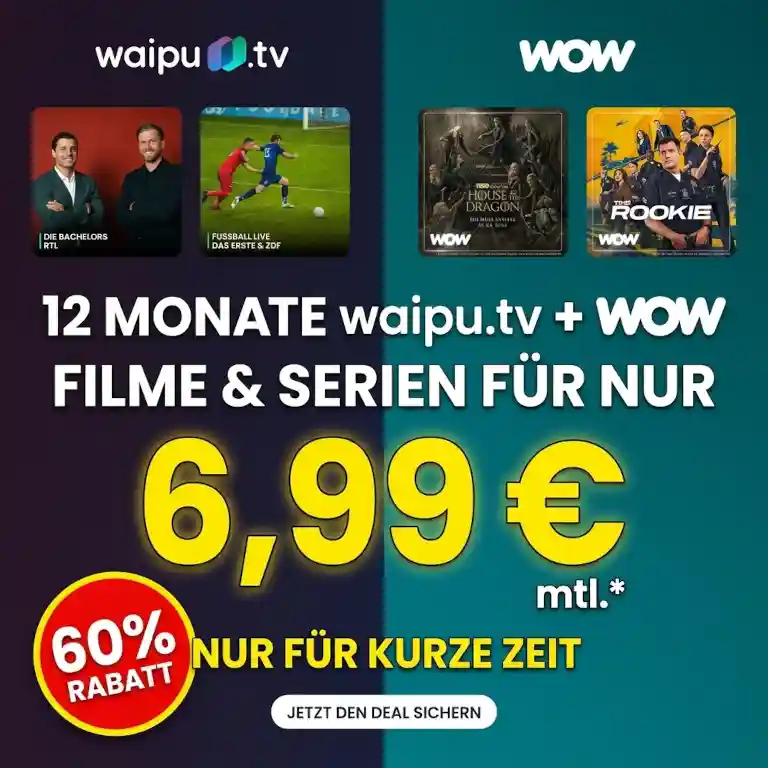 waipu.tv Perfect Plus mit WOW kostet 12 Monate 6,99 Euro. Alle Leistungen, 126 Euro Ersparnis und der Preis nach dem Aktionsjahr