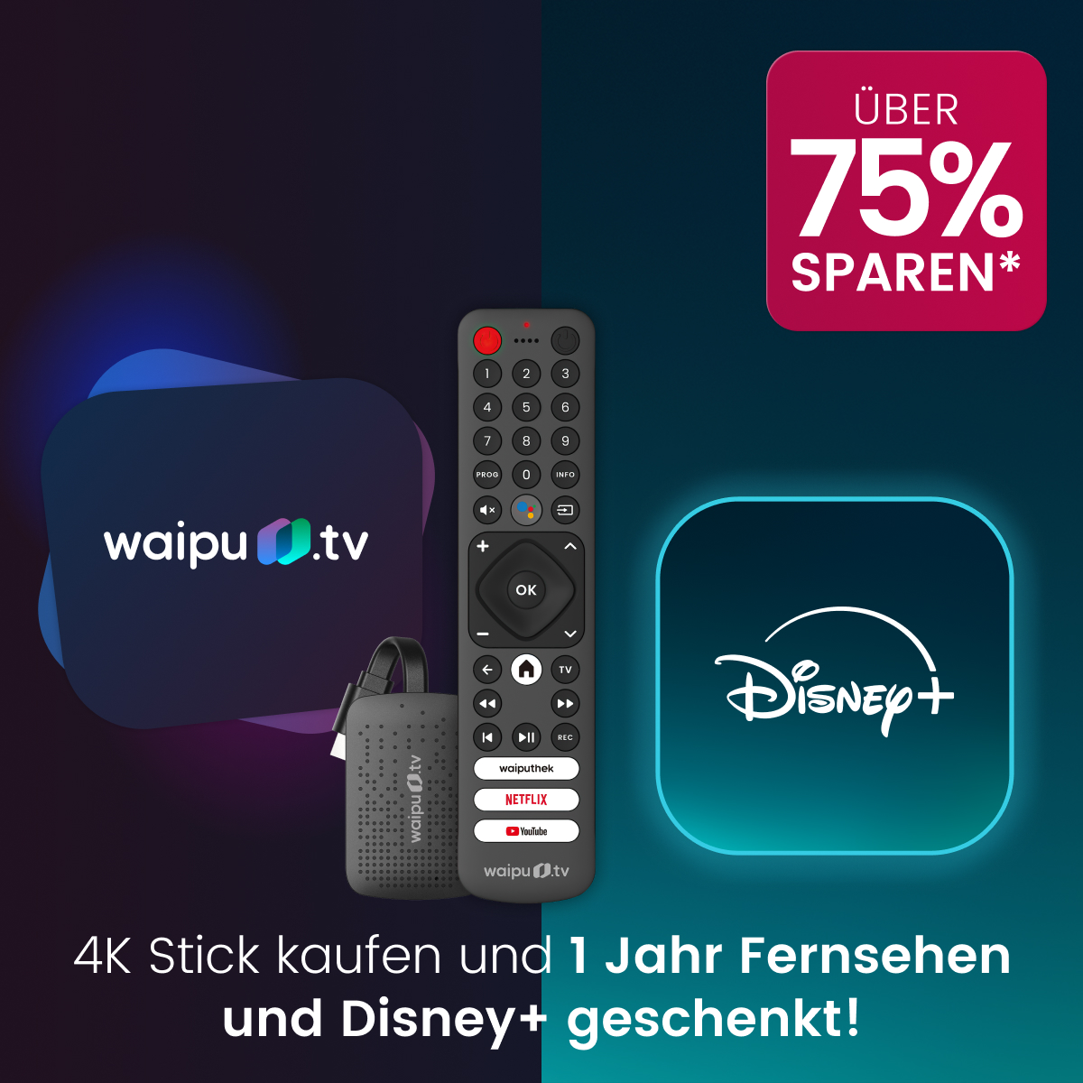 Das waipu.tv 4K Stick Jahrespaket mit Perfect Plus und Disney+ bietet Fernsehen und Streaming zum Sparpreis. Jetzt ber 75 % Rabatt sichern.
