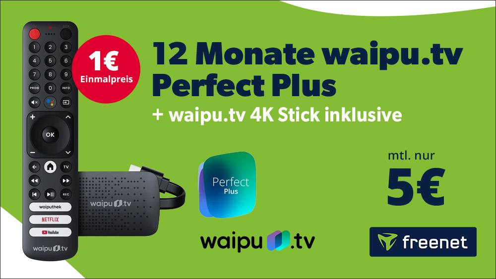 Das waipu.tv 4K Stick Jahrespaket mit Perfect Plus und Disney+ bietet Fernsehen und Streaming zum Sparpreis. Jetzt ber 75 % Rabatt sichern.