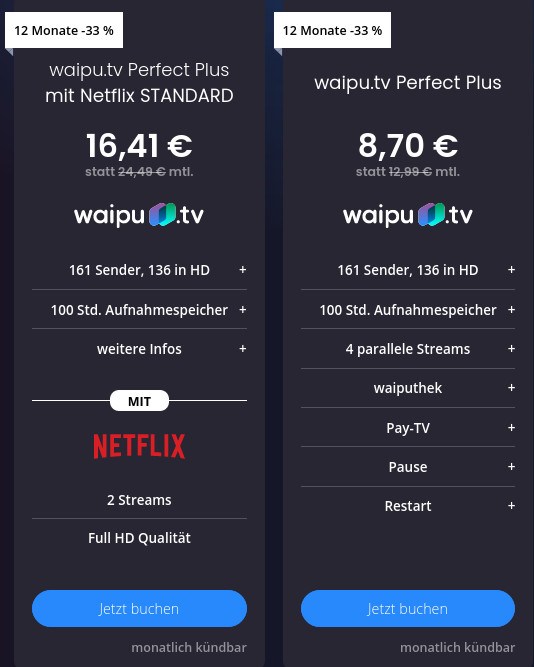 Oster Aktion: 33 Prozent Rabatt --WaipuTV mit Netflix für mtl. 16,41 Euro und mtl. Laufzeit