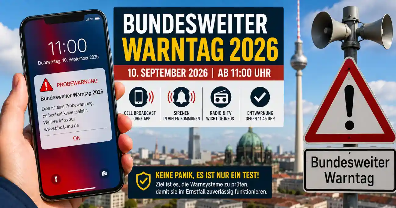 Am 10. September 2026 ist bundesweiter Warntag. Ab 11 Uhr werden Handys, Warn-Apps und weitere Warnsysteme getestet. Das m�ssen Nutzer wissen