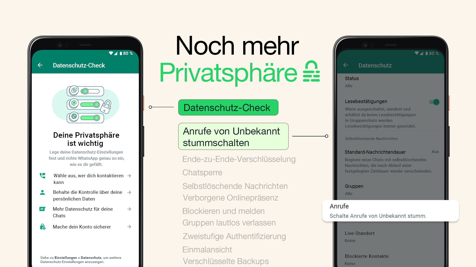 Whatsapp Datenschutz: Mehr Datenschutz --Datenschutz-Check und unbekannte Anrufer sind still