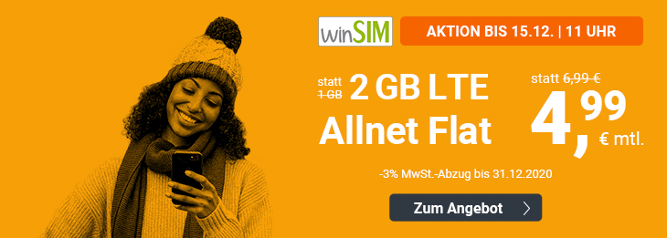 Doppeltes Datenvolumen: winSIM mit 2 GB LTE All-In-Flat fr mtl. 4,99 Euro bei 50 Mbit