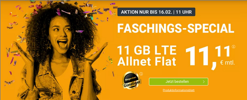 Karnevals Aktion: winSIMs 11 GB LTE All-In-Flat fr mtl. 11,11 Euro ohne Laufzeit