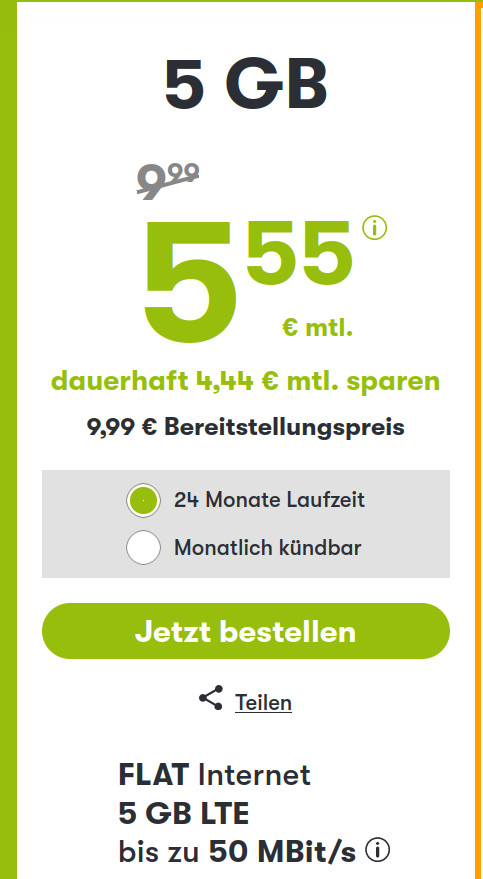 Tariftipp 5 GB Tarife: Handyvertrag 5 GB LTE All-In-Flat f�r 5,55 Euro mit mtl. Laufzeit