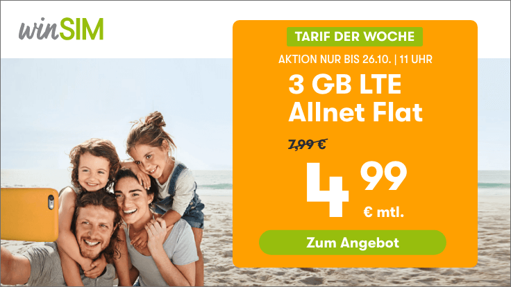 Preistipp 3 GB Tarife: winSIM 3 GB LTE Allnet-Flat fr 4,99 Euro ohne Laufzeit